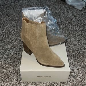 Marc Fisher Tan Suede Ankle Booties with Stacked Heel